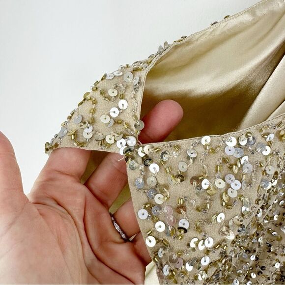 Aidan Mattox Silk Dress Gold Beaded Sequin Cold Shoulder Mini Cocktail Prom Sz 2 - Picture 5 of 15